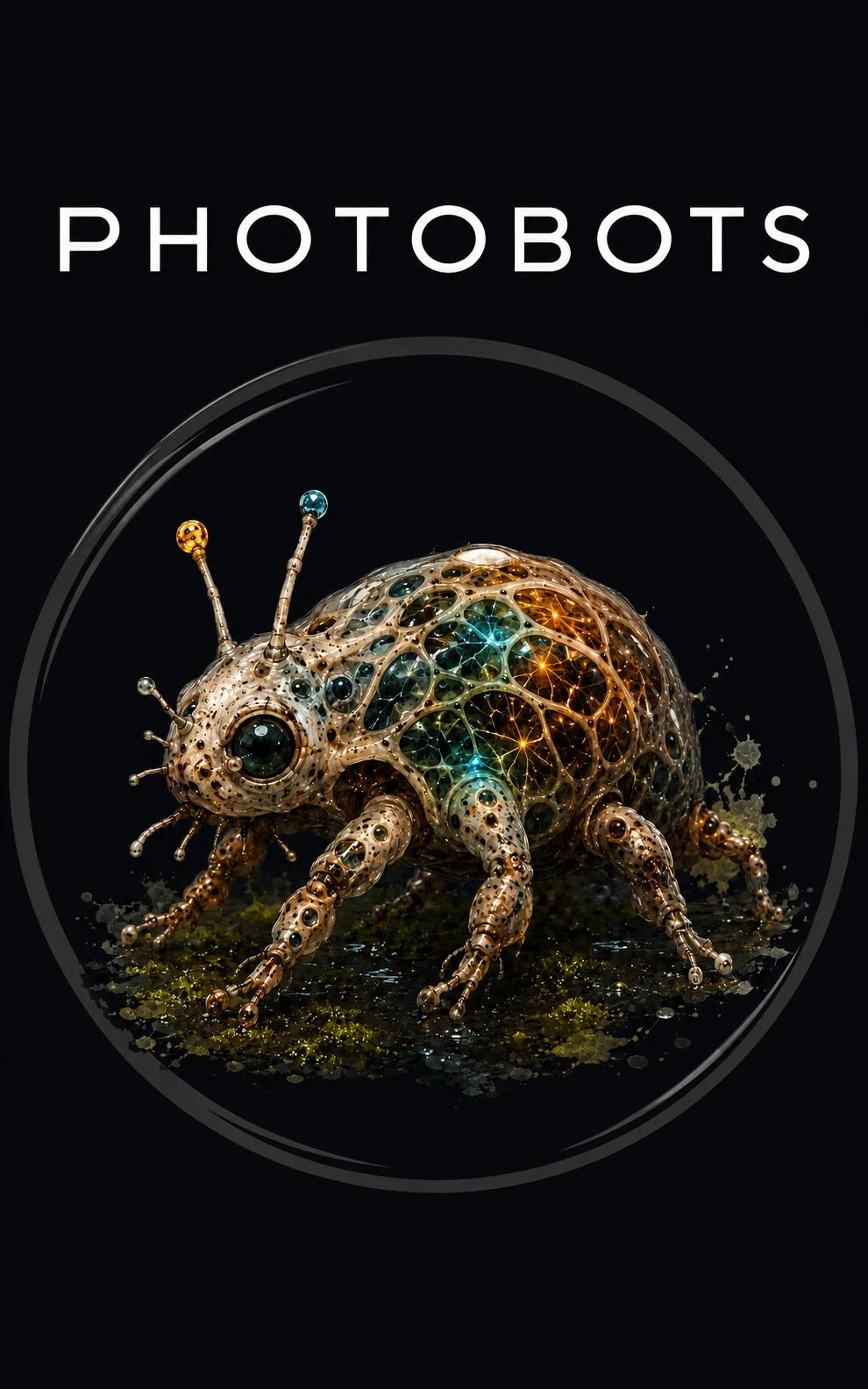 Photobots: a bronze artificial creature with amber and turquoise lights